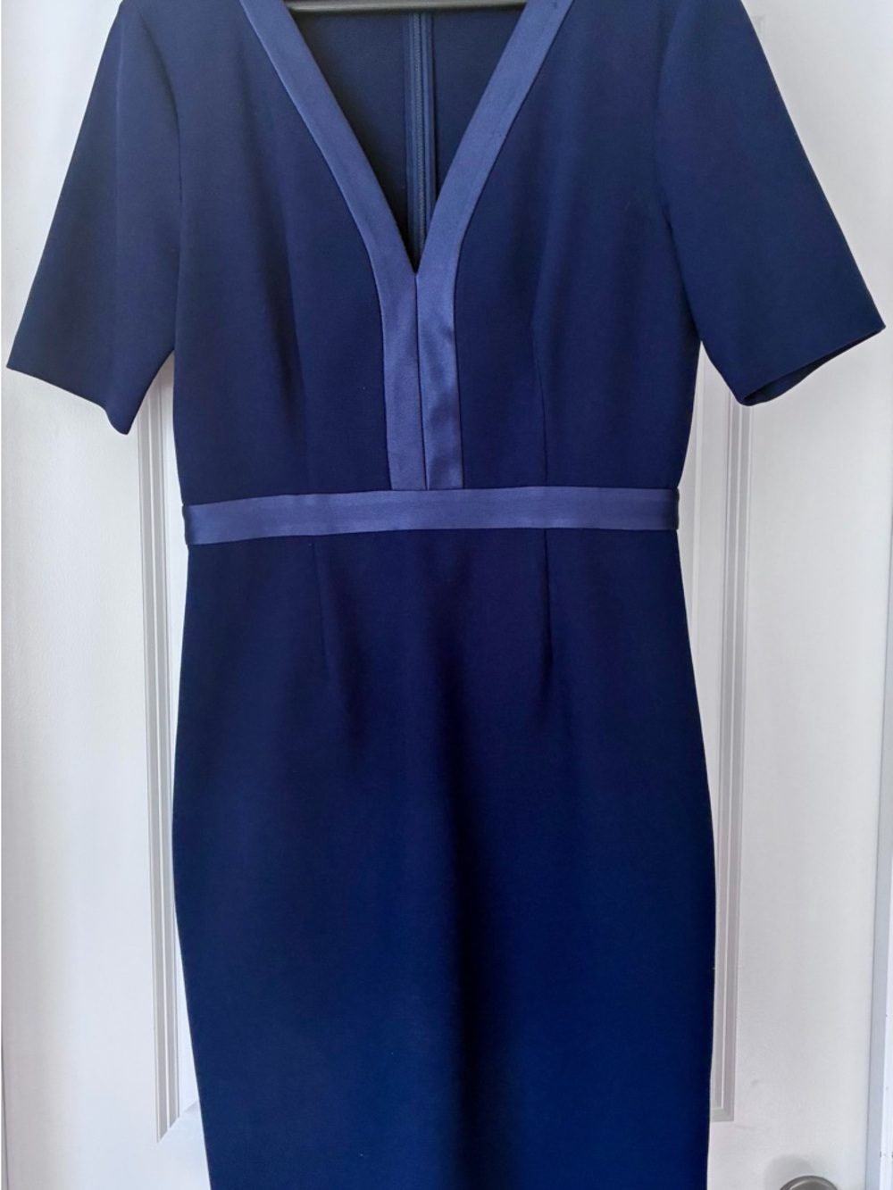 DVF Navy Sheath Dress with Satin Trim